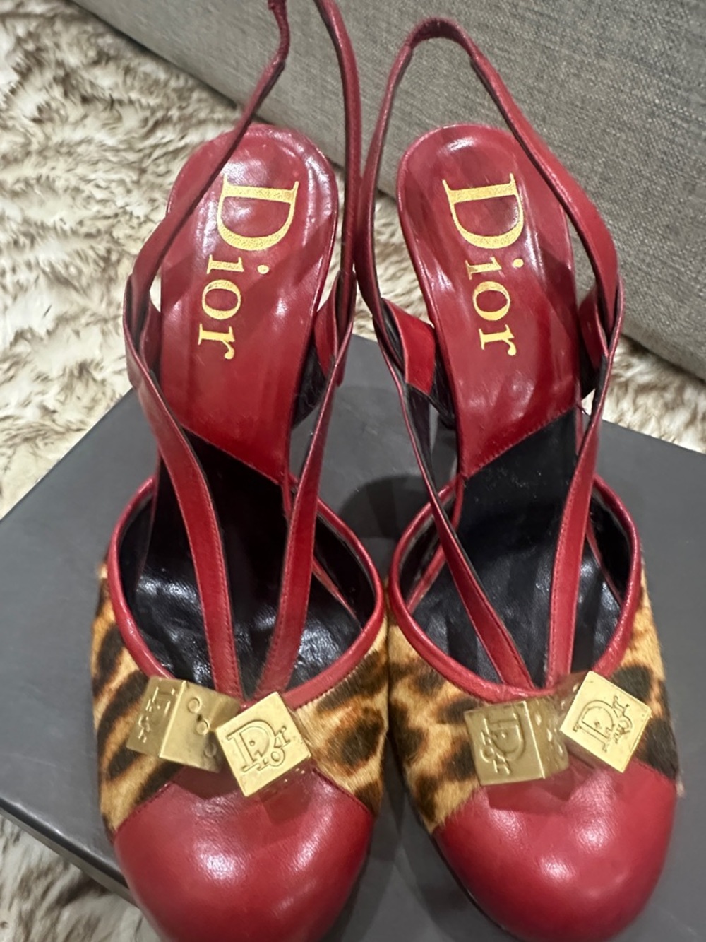 Dior Red Leather & Leopard-Print Slingback Pumps with Gold Hardware